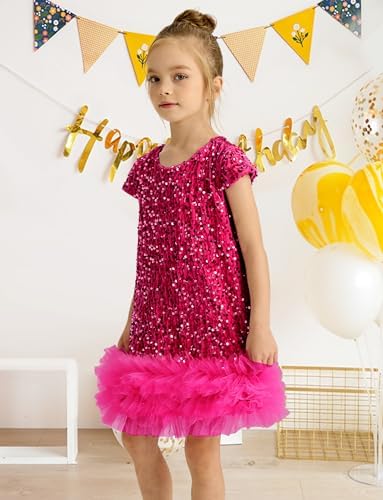 Happy Cherry Sequin Dress For Kid Girls A-Line Sleeveless Sparkly Gown Party Dresses With Faux Fur Trim