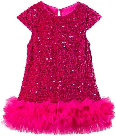 Happy Cherry Sequin Dress for Kid Girls A-Line Sleeveless Sparkly Gown Party Dresses with Faux Fur Trim
