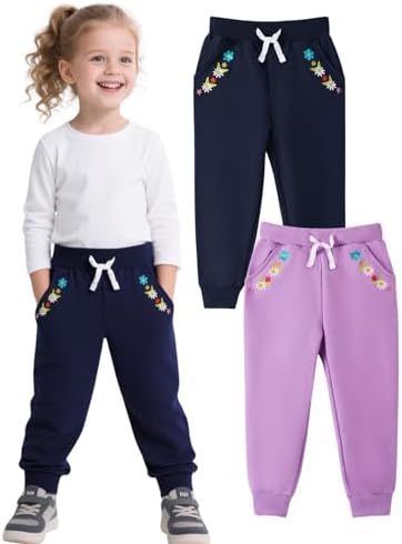 HILEELANG Girls Cotton Joggers Sweatpants Embroidery Drawstring Waist Pockets Casual Pants For Kids 12M-7Y
