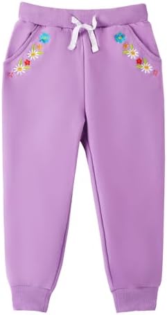 HILEELANG Girls Cotton Joggers Sweatpants Embroidery Drawstring Waist Pockets Casual Pants For Kids 12M-7Y