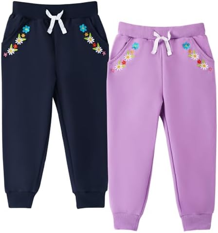 HILEELANG Girls Cotton Joggers Sweatpants Embroidery Drawstring Waist Pockets Casual Pants for Kids 12M-7Y