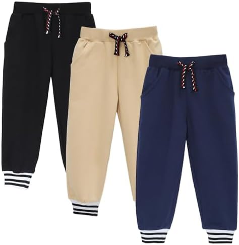 HILEELANG Toddler Boys Cotton Jogger Sweatpants 3 Pack Soft Adjust Elastic Waist Pants With Pockets Sizes 12M-7T