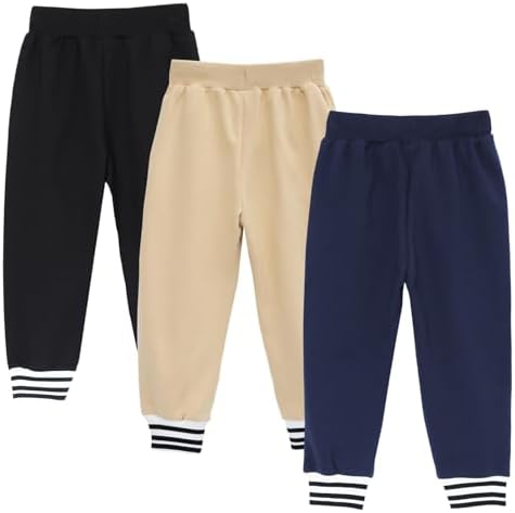 HILEELANG Toddler Boys Cotton Jogger Sweatpants 3 Pack Soft Adjust Elastic Waist Pants With Pockets Sizes 12M-7T
