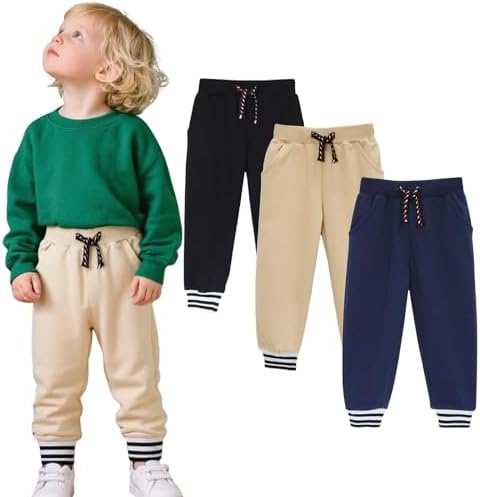 HILEELANG Toddler Boys Cotton Jogger Sweatpants 3 Pack Soft Adjust Elastic Waist Pants with Pockets Sizes 12M-7T