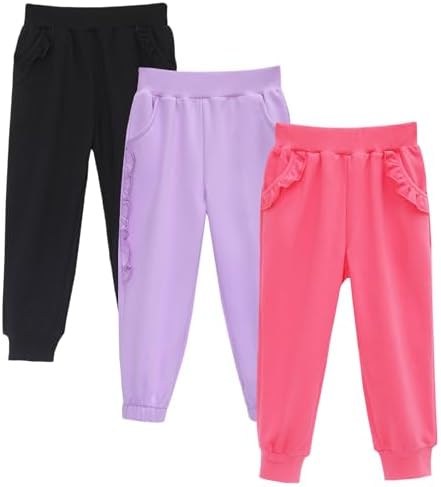 HILEELANG Toddler Girls' Jogger Pants 3-Pack Pull On Cotton French Terry Solid Ruffle Pocket SweatPants12M-7Y
