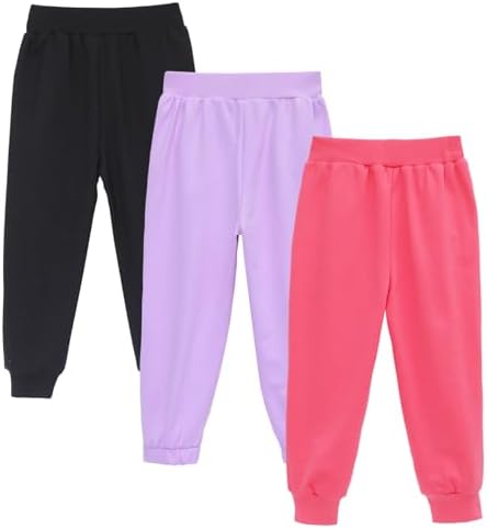 HILEELANG Toddler Girls' Jogger Pants 3-Pack Pull On Cotton French Terry Solid Ruffle Pocket SweatPants12M-7Y