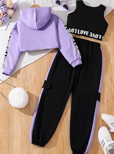 Hilinker Girls Graphic 3 Piece Outfits Workout Hoodie Crop Tank And Sweatpants Set