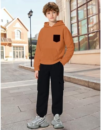 Hipea Boys Clothes Long Sleeve Hooded With Chest Pocket Cargo Pants With Side Pockets 2PCS Sets