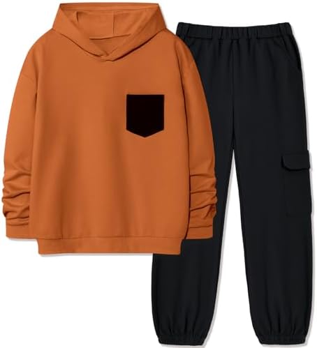 Hipea Boys Clothes Long Sleeve Hooded with Chest Pocket Cargo Pants with Side Pockets 2PCS Sets