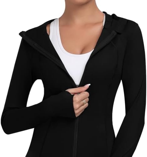 Hooded Women's Athletic Full Zip Lightweight Workout Jacket With Pockets And Thumb Holes