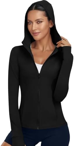 Hooded Women's Athletic Full Zip Lightweight Workout Jacket with Pockets and Thumb Holes