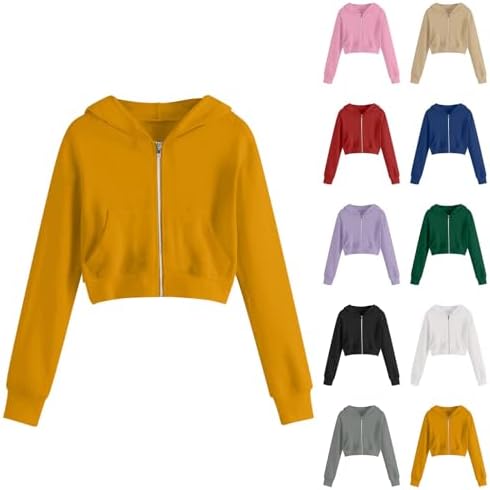 Hoodies for Teen Girls Cropped Long Sleeve Zip Up Jacket Workout Hooded Sweatshirt Y2K Girls Cute Crop Coats Clothes