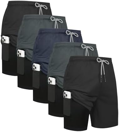 HOPLYNN 5 Pack Mens 2 in 1 Running Shorts with Liner Quick Dry Workout Training Gym Athletic Sport Shorts with Pockets