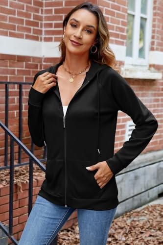 HTD Women Casual Full Zip Up Hoodie Basic Lightweight Long Sleeve Sweatshirt Solid Color Jacket With Pockets