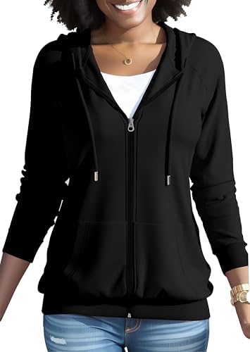 HTD Women Casual Full Zip Up Hoodie Basic Lightweight Long Sleeve Sweatshirt Solid Color Jacket With Pockets