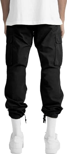 HUNGSON Mens Cargo Pants Drawstring Casual Hiking Pants Joggers Athletic Trousers Cotton Loose Straight Sweatpants For Men