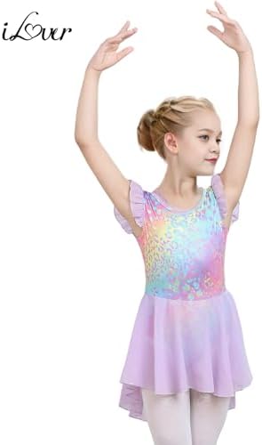 ILover Kids Girls Classic Ruffle Sleeve Tutu Kirted Leotard Dress For Dance Gymnastics And Ballet