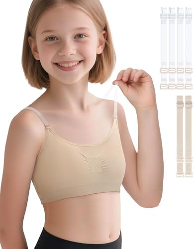 iMucci Training Bras for Girls Seamless Bra Girls Nude Bra with 2 Pairs Adjustable Clear Bra Straps Silicone Pads