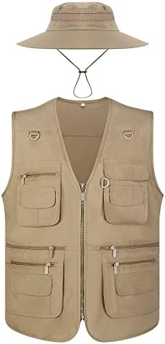 Janmercy 2 Pieces Men's Work Fishing Vest with Hat Lightweight Safari Travel Hunting Waistcoat With Multi Pockets Fishing Hat