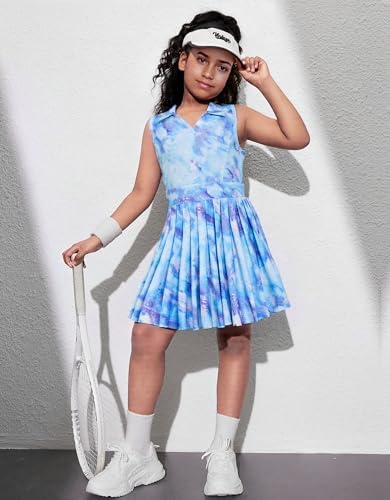 JiAmy Girls Tennis Dress Sleeveless Polo V Neck Athletic Dress Cutout Back Printed Pleated Girls Golf Dresses 3-12 Y