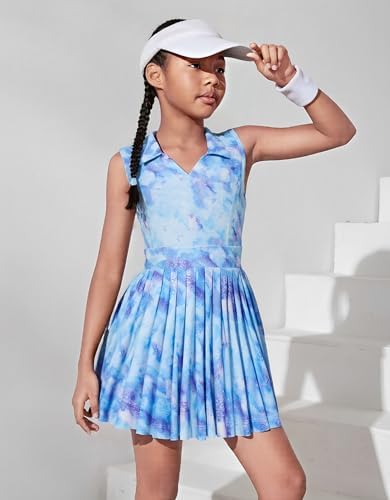 JiAmy Girls Tennis Dress Sleeveless Polo V Neck Athletic Dress Cutout Back Printed Pleated Girls Golf Dresses 3-12 Y
