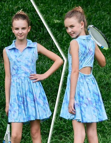 JiAmy Girls Tennis Dress Sleeveless Polo V Neck Athletic Dress Cutout Back Printed Pleated Girls Golf Dresses 3-12 Y