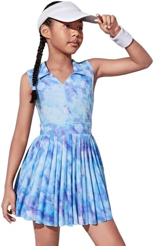 JiAmy Girls Tennis Dress Sleeveless Polo V Neck Athletic Dress Cutout Back Printed Pleated Girls Golf Dresses 3-12 Y