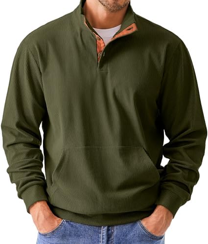 JMIERR Mens Warm Corduroy Sweatshirt Casual Stand Collar Quarter Fall Metal Button Pullover Sweaters Long Sleeve With Pockets