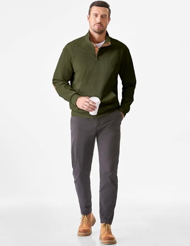 JMIERR Mens Warm Corduroy Sweatshirt Casual Stand Collar Quarter Fall Metal Button Pullover Sweaters Long Sleeve With Pockets
