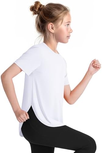 JOCMIC Girls Athletic Shirts Short Sleeve Quick Dry T-Shirt UPF 50+ Basic Tee Tops For Kids Teens Sports Activewear