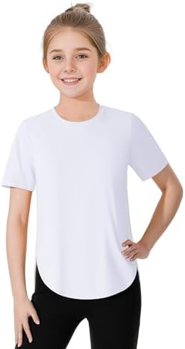 JOCMIC Girls Athletic Shirts Short Sleeve Quick Dry T-Shirt UPF 50+ Basic Tee Tops For Kids Teens Sports Activewear