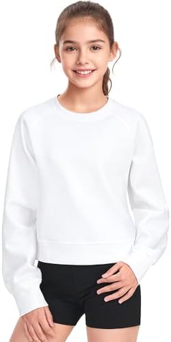 JOCMIC Girls Crewneck Sweatshirt Long Sleeve Plain Shirts Crop Tops with Thumbholes for Teens Youth