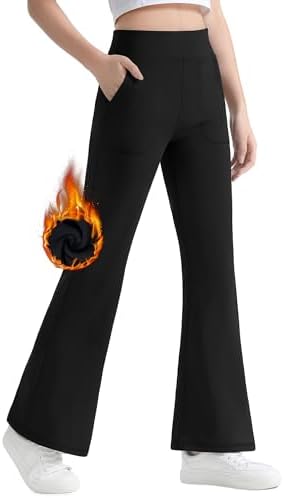 JOCMIC Girls Fleece Lined Flare Leggings High Waist Bell Bottoms Yoga Pants for Kids Girls Athletic Leggings with Pockets