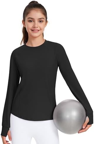 JOCMIC Girls Long Sleeve Shirts Athletic Shirt With Thumbholes Kids Crew Neck Basic Tee Tops For Sports Gym Yoga