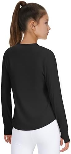 JOCMIC Girls Long Sleeve Shirts Athletic Shirt With Thumbholes Kids Crew Neck Basic Tee Tops For Sports Gym Yoga