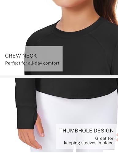 JOCMIC Girls Long Sleeve Shirts Athletic Shirt With Thumbholes Kids Crew Neck Basic Tee Tops For Sports Gym Yoga