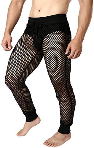 JOGAL Men's Mesh Fishnet See Through Pants Stretchy Muscle Leggings