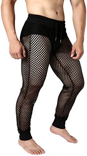 JOGAL Men's Mesh Fishnet See Through Pants Stretchy Muscle Leggings