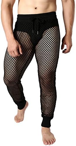 JOGAL Men's Mesh Fishnet See Through Pants Stretchy Muscle Leggings