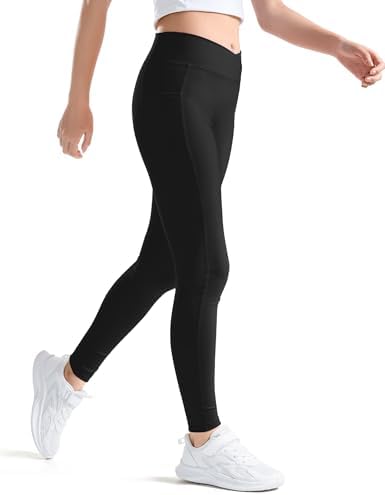 KEREDA Girls Athletic Leggings V Cross Yoga Pants Teen Girls With Pocket For Workout Gym Running Dance