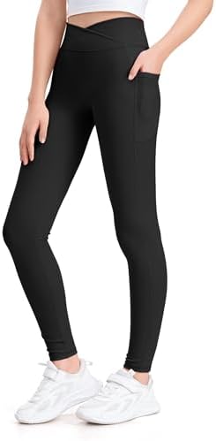 KEREDA Girls Athletic Leggings V Cross Yoga Pants Teen Girls with Pocket for Workout Gym Running Dance