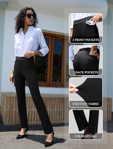 Keriffe Women's Stretchy Yoga Dress Pants High Waisted Straight Leg Casual Work Business Office Slacks 4 Pockets