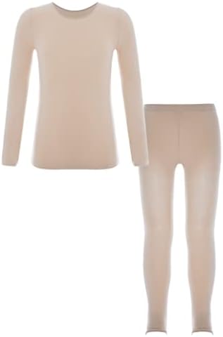 Kids Girls 2 Piece Ballet Dance Thermal Underwear Suit Stretchy Long Sleeve Base Layer Top and Pantyhose Pants Set