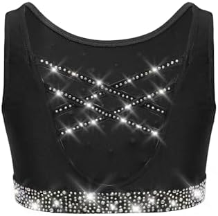Kids Girls Rhinestone Dance Tops Vest Sleeveless Cross Back Camisole Gymnastics Skating Training Crop Tops