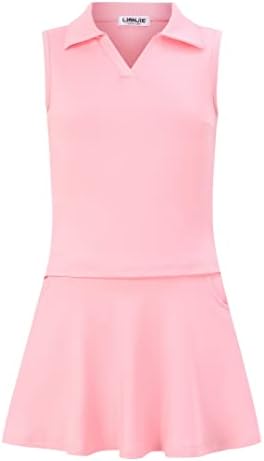 Kids Girls Tennis Golf Dress Outfit Sleeveless Dress with Pockets Athletic Skorts and Polo Tank Top Sets