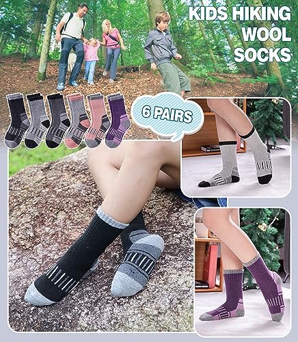 Kids Merino Wool Hiking Socks Boys Girls Toddlers Winter Warm Thick Thermal Cushion Crew Gift Socks 6 Pairs