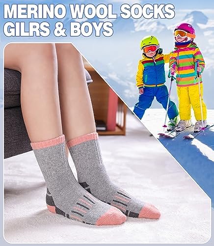 Kids Merino Wool Hiking Socks Boys Girls Toddlers Winter Warm Thick Thermal Cushion Crew Gift Socks 6 Pairs