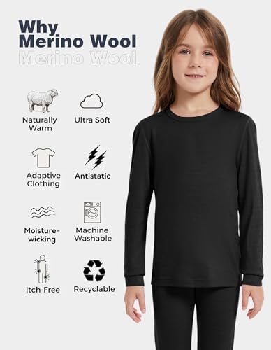 Kids Unisex 100% Merino Wool Base Layer Tops Lightweight Thermal Underwear Shirt