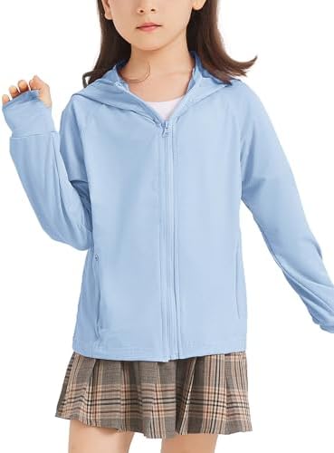 Kids Zip-Up Hoodie Girls Boys UPF50+ Sun Protection Shirts Hiking Running Athletic Shirt With Thumb Holes