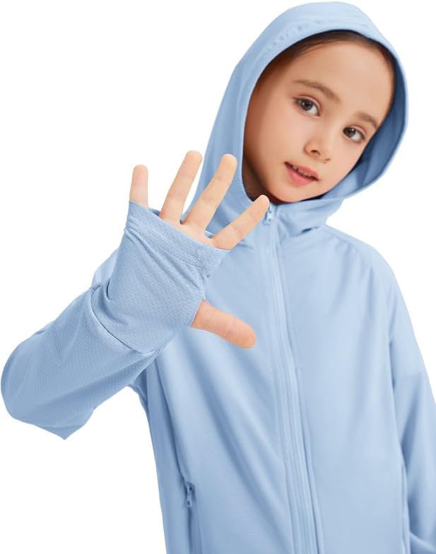 Kids Zip-Up Hoodie Girls Boys UPF50+ Sun Protection Shirts Hiking Running Athletic Shirt With Thumb Holes